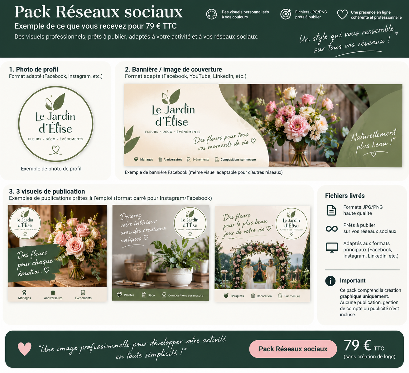 Exemple de Pack Réseaux sociaux avec photo de profil, bannière et trois visuels de publication