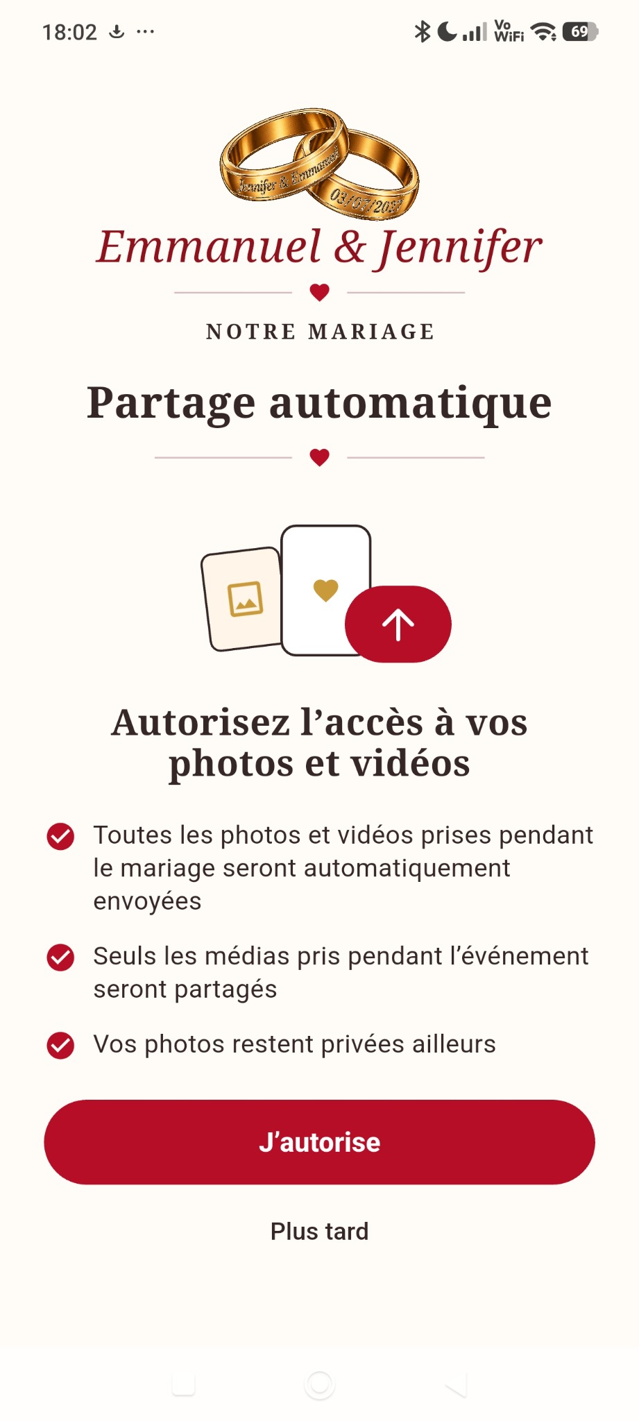 Aperçu de l’application Android de l’album de mariage