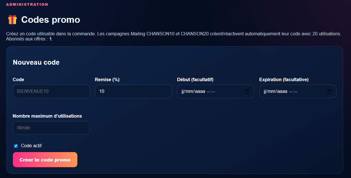 Gestion des codes promo